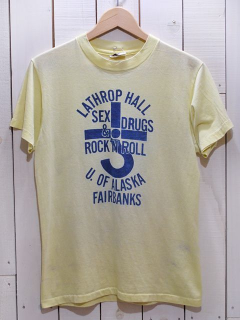 1970s-80s SEX DRUGS＆ROCK'N ROLL染み込みプリントTシャツ 表記M